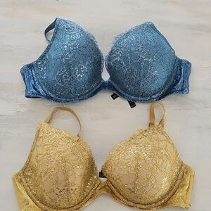 Lace Underwire Bra Set - Blue and Gold